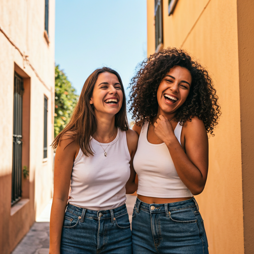 Two friends laughing in a sunny Mediterranean street